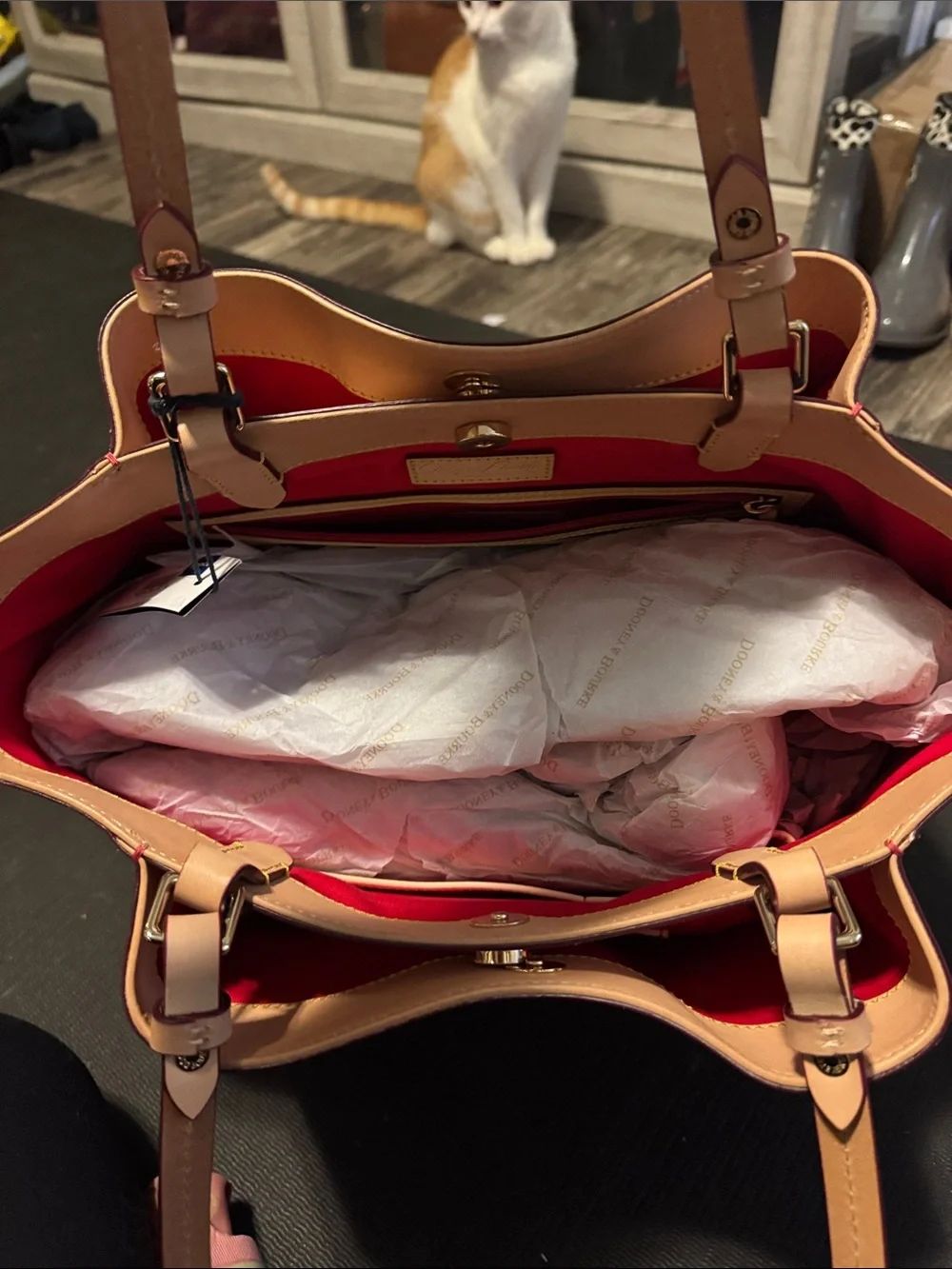 Dooney & Bourke Hot Pink Patent Leather Tote with Tan Handles